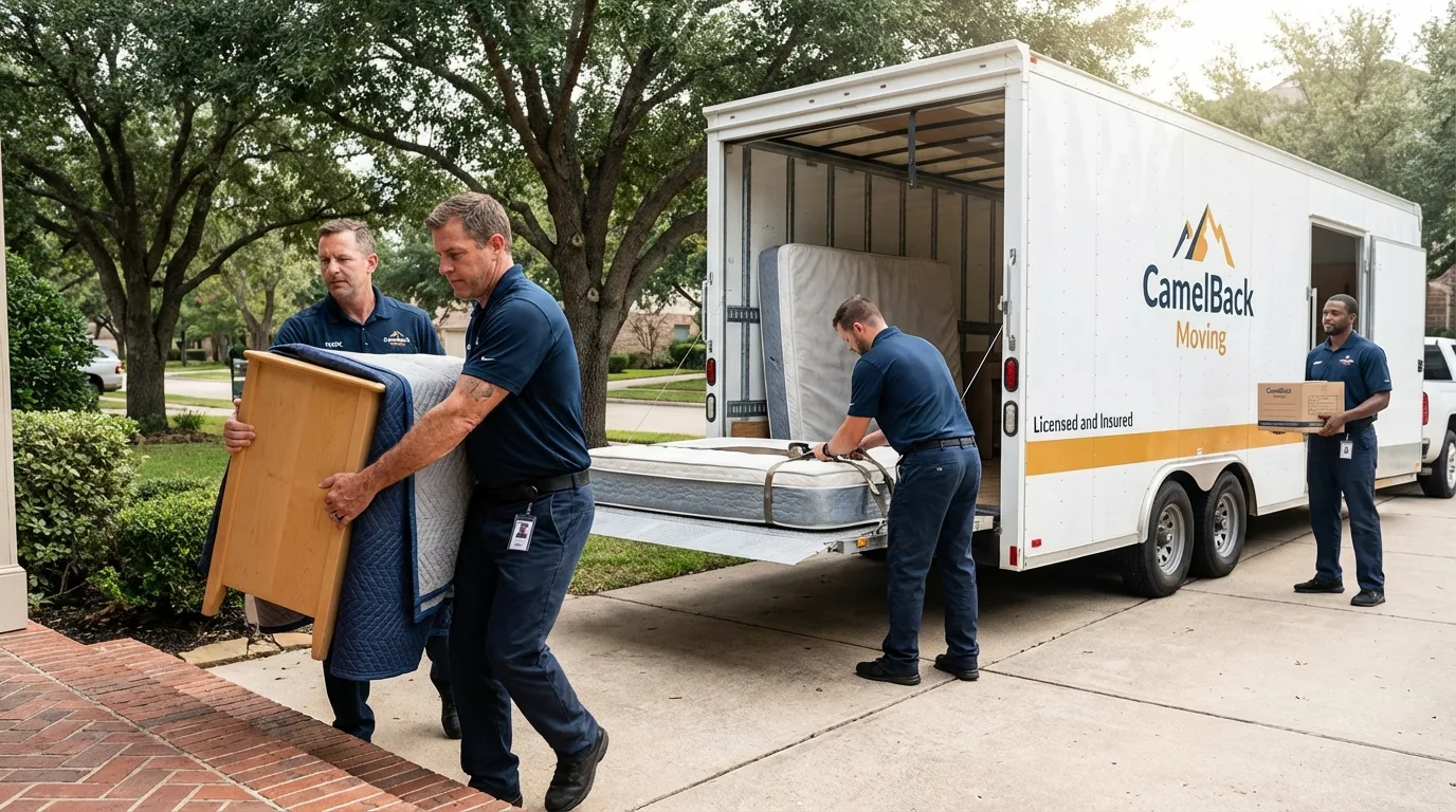 Crew loading residential truck for cross-state move from West Liberty, IA