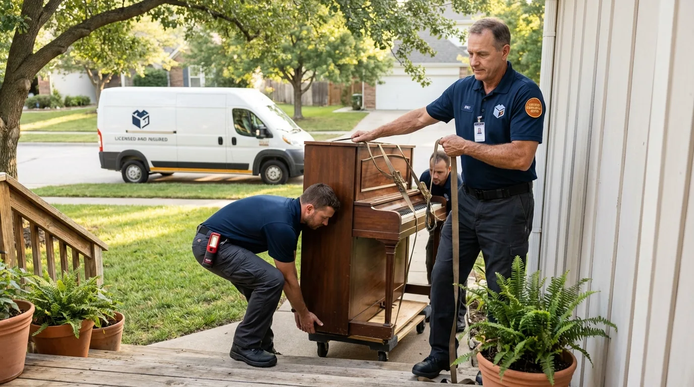 Licensed piano movers securing grand piano in West Liberty, IA
