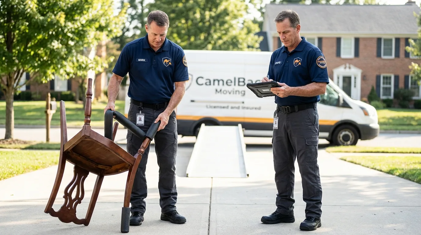 Movers inspecting furniture for damage prevention before loading in West Liberty, IA