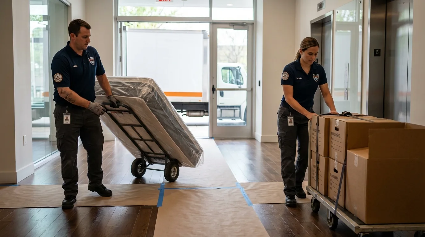 Professional apartment movers loading elevator in West Liberty, IA
