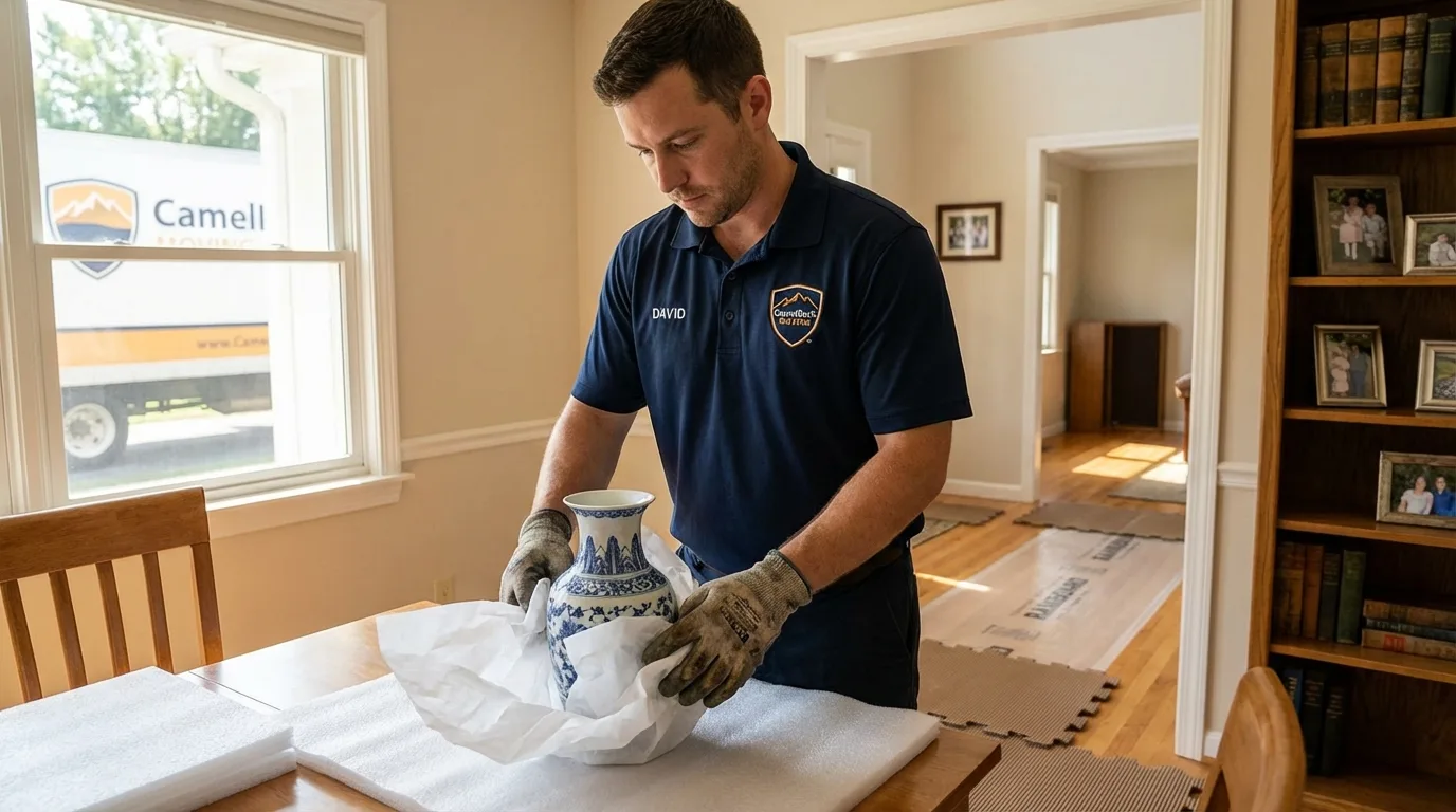Professional crew carefully wrapping antique vase for senior downsizing move in West Liberty, IA