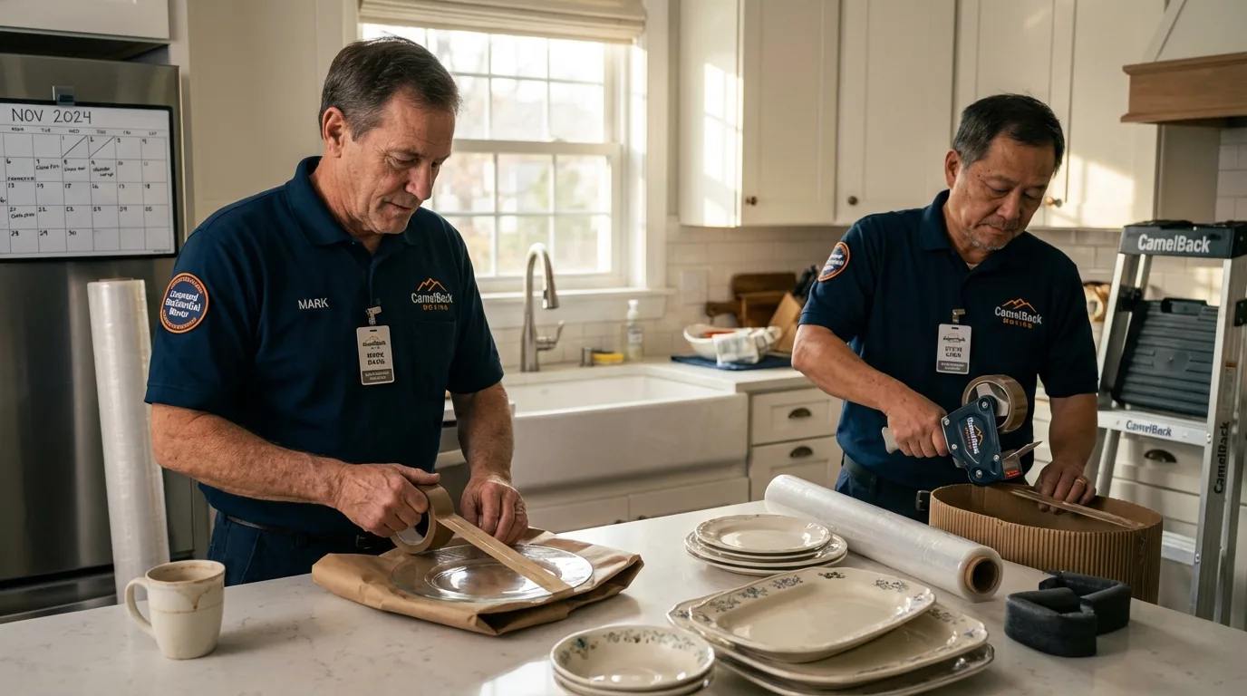 Professional crew packing kitchen dishware in West Liberty, IA